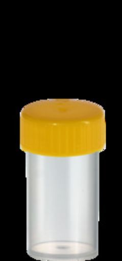 25ml Container Polypropylene flat bottom, Gamma Sterile, Yellow screw cap, 10 bags of 50, 500 per Carton