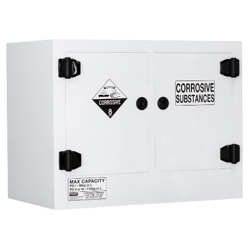 Corrosive Storage Cabinet 110L, Polypropylene, underbench, segregated, 2 door, 1 shelf per compartment