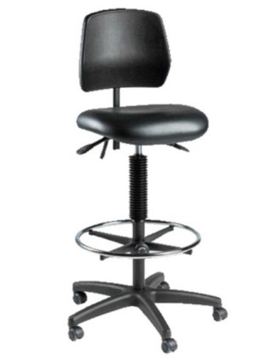 Bench height chair, large PU backrest, seat upholstered in black vinyl 