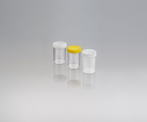 250ml Jar, Polystyrene, Unlabelled, Gamma Sterile, Yellow Screw Cap, 147 per Carton