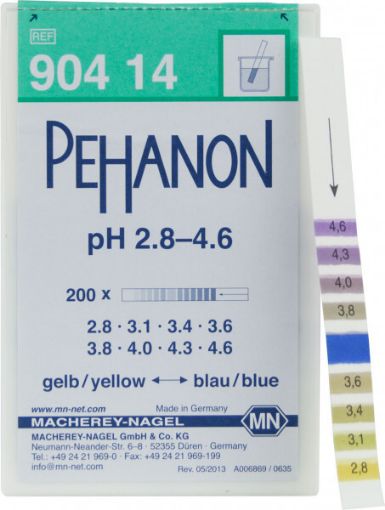 pH Indicator strips 2.8-4.6 0.2/0.3 unit intervals box of 200 strips PEHANON
