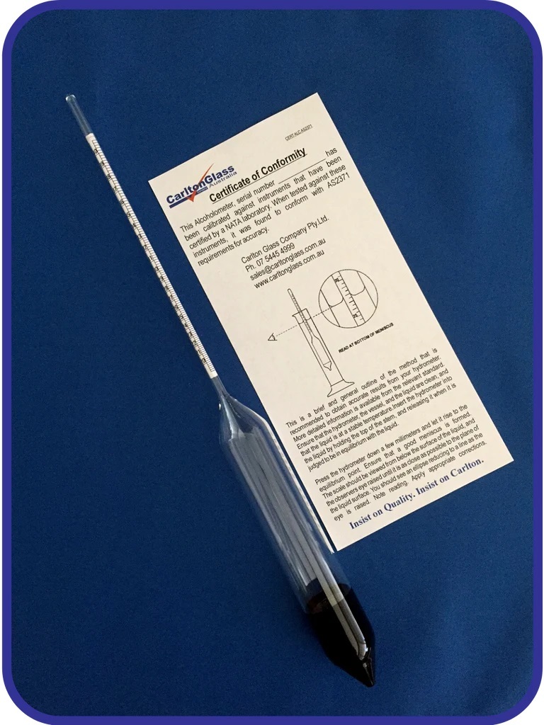 Alcoholometer 70100 x +/1/volume 20°C, glass hydrometer jar, Temp