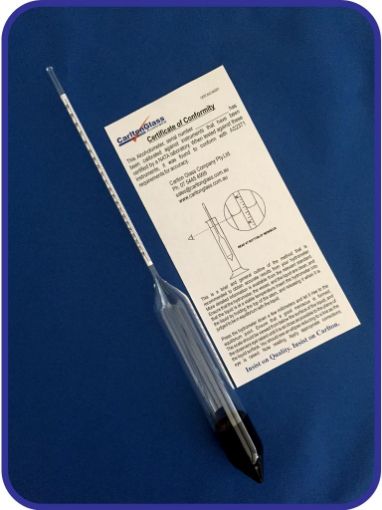 Alcoholometer 70-100 x +/-1%/volume @ 20°C, glass hydrometer jar, Temp. correction chart & WHO recommended Hand Rub Formula