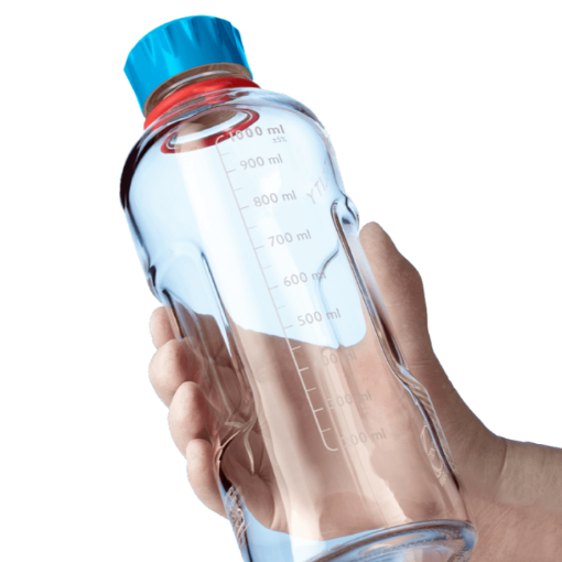 Duran Youtility Bottle, 125mL, Clear Glass GL45 complete with PP Screw Cap, Cyan and Pouring RIng, 4 per Pack