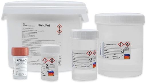 30ml Histopots Specimen Container Biopsy Formalin (10% NBF clear), red cap, Labelled, 9 trays of 16, Carton of 144