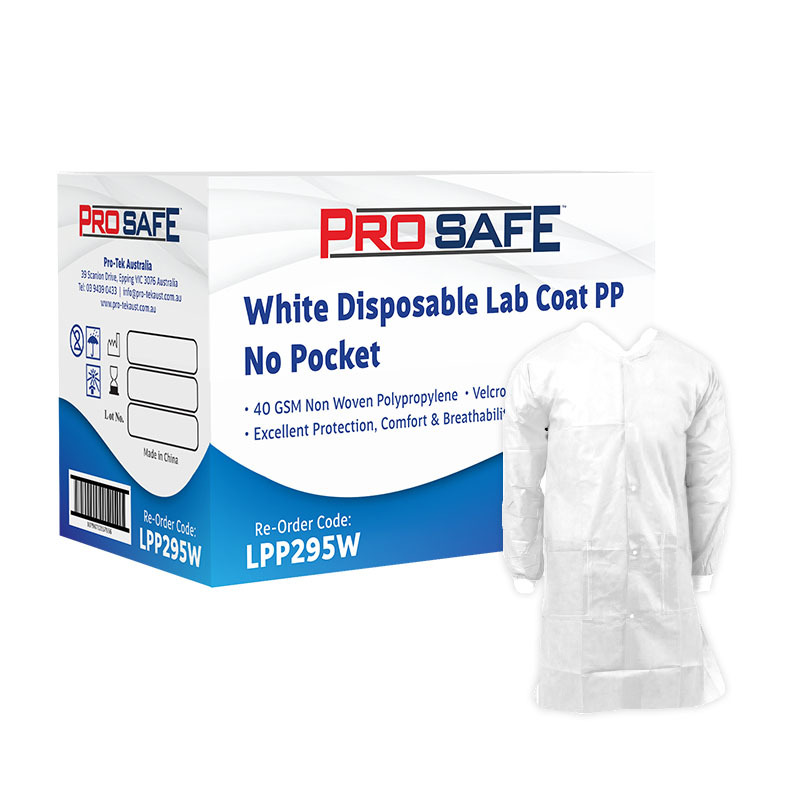 Lab coats, disposable, White, Velcro front, elastic cuffs, 40gsm non woven polypropylene, 50 per