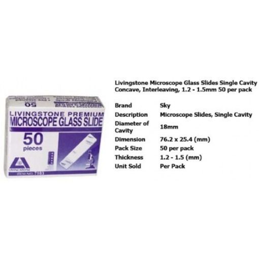 Microscope Slides, 76.2 x 25.4mm Single Cavity (Concave) ,18mm diameter cavity, 1.2-1.5mm thick, pack of 50