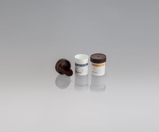 70ml white polypropylene container, labelled,  brown screw cap with scoop, gamma sterile,  carton of 550