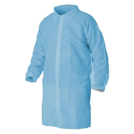 Lab coats, disposable, Blue, Velcro front, elastic cuffs, 40gsm non woven polypropylene, 50 per Carton