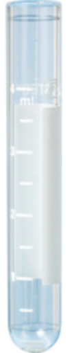 Picture of 5ml round bottom polystyrene tube only, 12mm diameter x 75mm high, writing space & graduations, carton of 2000