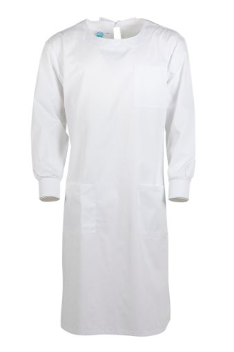 Picture of Lab Gown, White Polycotton, 3 pockets, neck & waist ties, knit wrists, size Large