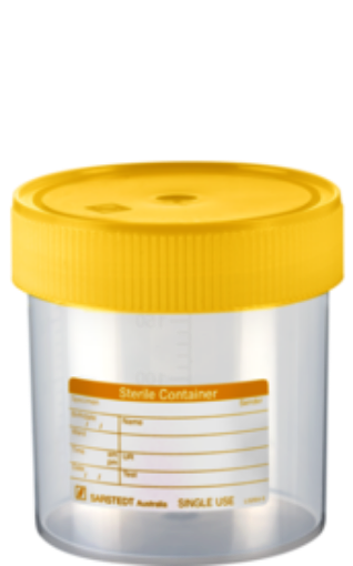 Picture of 250ml Containers polystyrene Wide Neck, Labelled, gamma sterile, yellow screw cap, 240 per Carton