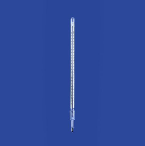 Picture of Distillation thermometer with cone NS 14/23, 0 - 250 °C, filling: isoamyl benzoate, scale 1 °C, built-in length 85 mm
