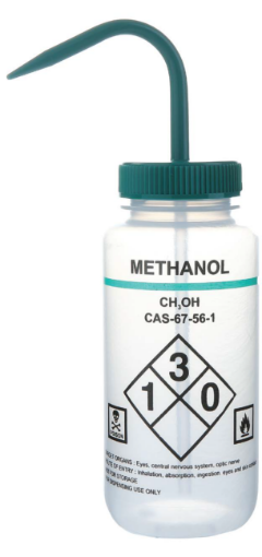 Picture of 500ml Wide Mouth self venting Wash Bottle, Methanol, Green spout & lid, pack of 6
