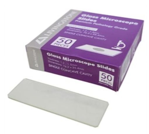 Picture of Microscope Slides, 76.2 x 25.4mm Single Cavity (Concave) ,18mm diameter cavity, 1.2-1.5mm thick, pack of 50